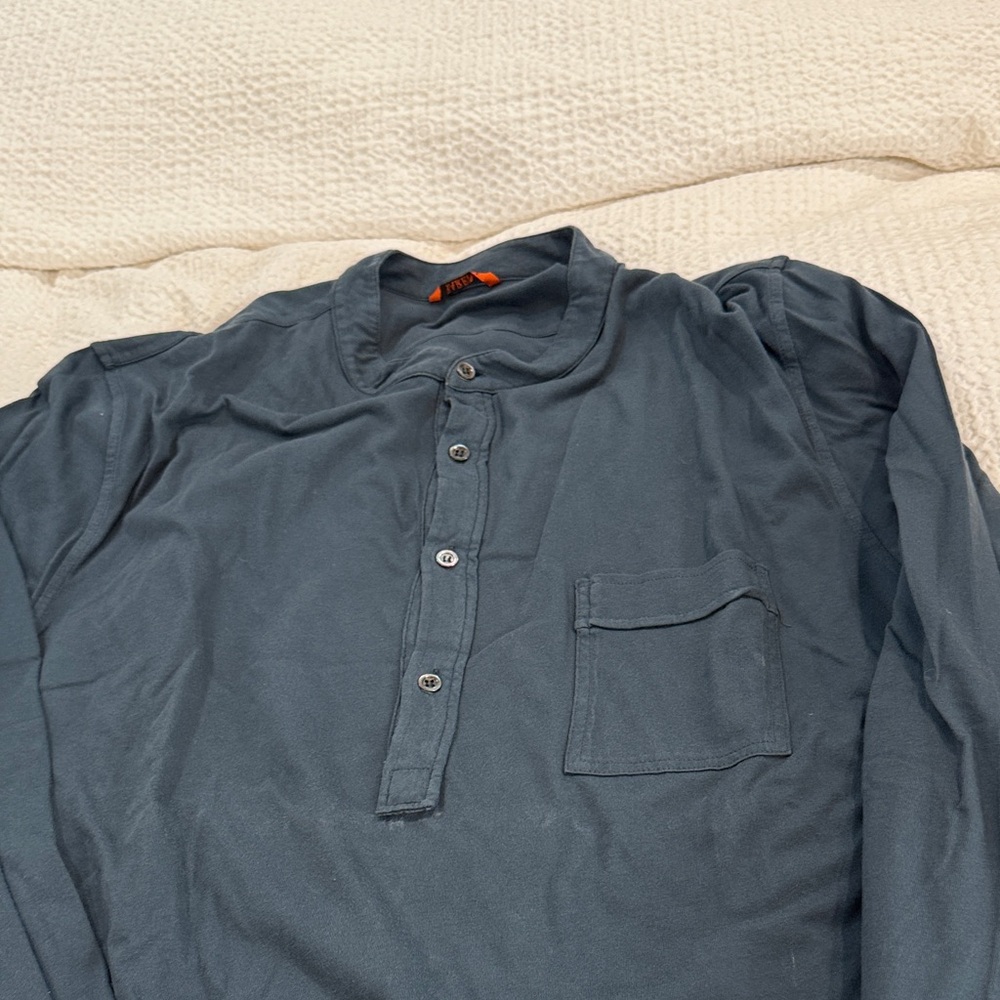 Barena Navy Blue Casual 1/2 Button Down Shirt With Pocket & Banded Collar
